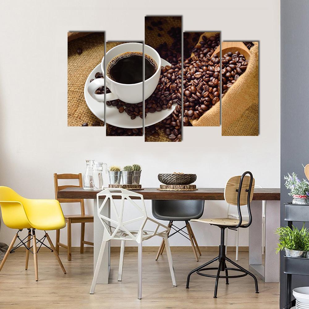 Coffee Cup &amp; Coffee Beans Canvas Wall Art-5 Pop-Gallery Wrap-47&quot; x 32&quot;-Tiaracle