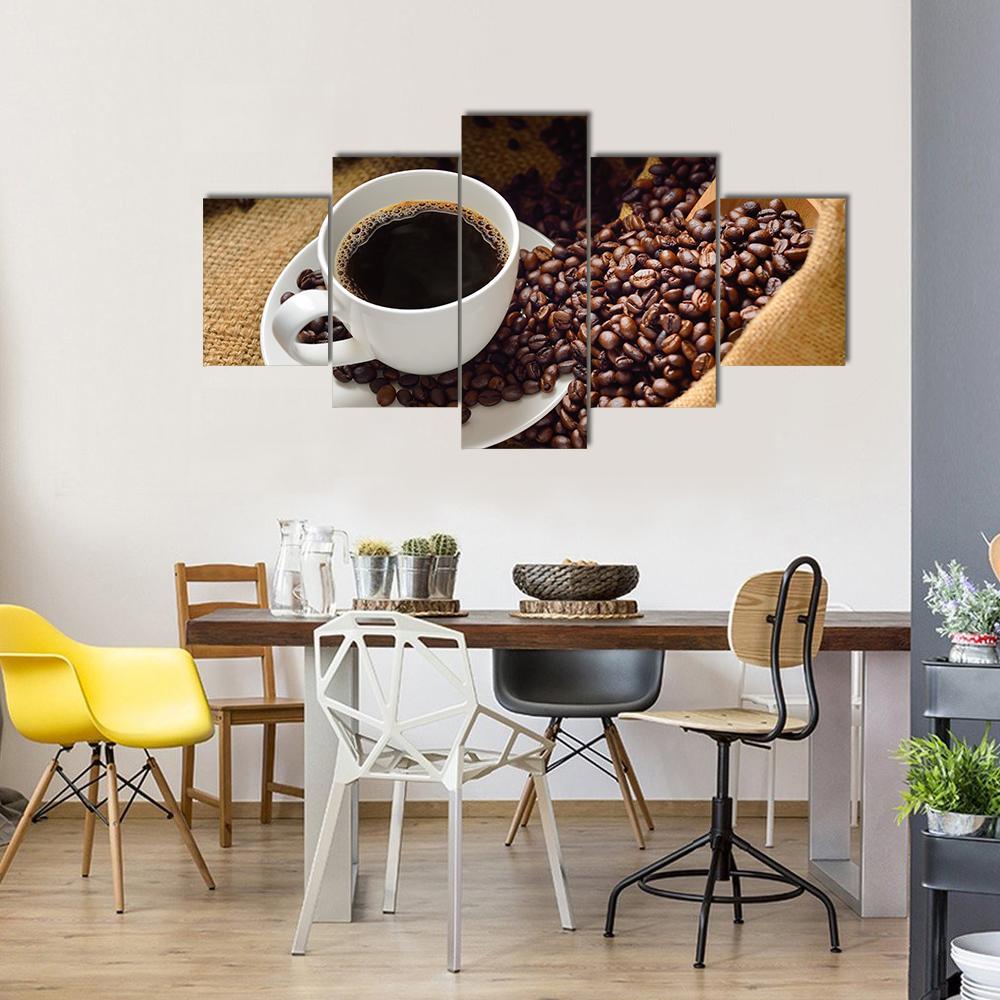 Coffee Cup &amp; Coffee Beans Canvas Wall Art-5 Star-Gallery Wrap-62&quot; x 32&quot;-Tiaracle