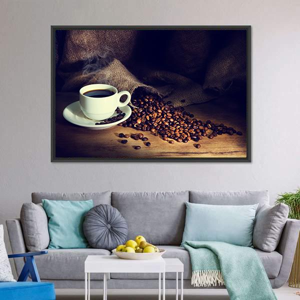 Coffee Cup &amp; Coffee Beans Panoramic Canvas Wall Art-1 Piece-36" x 12"-Tiaracle