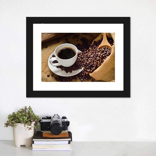 Coffee Cup & Coffee Beans Panoramic Canvas Wall Art-1 Piece-36" x 12"-Tiaracle