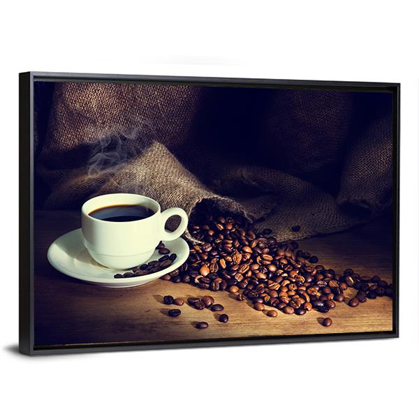 Coffee Cup &amp; Coffee Beans Panoramic Canvas Wall Art-1 Piece-36" x 12"-Tiaracle