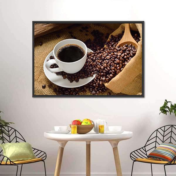 Coffee Cup &amp; Coffee Beans Panoramic Canvas Wall Art-1 Piece-36" x 12"-Tiaracle