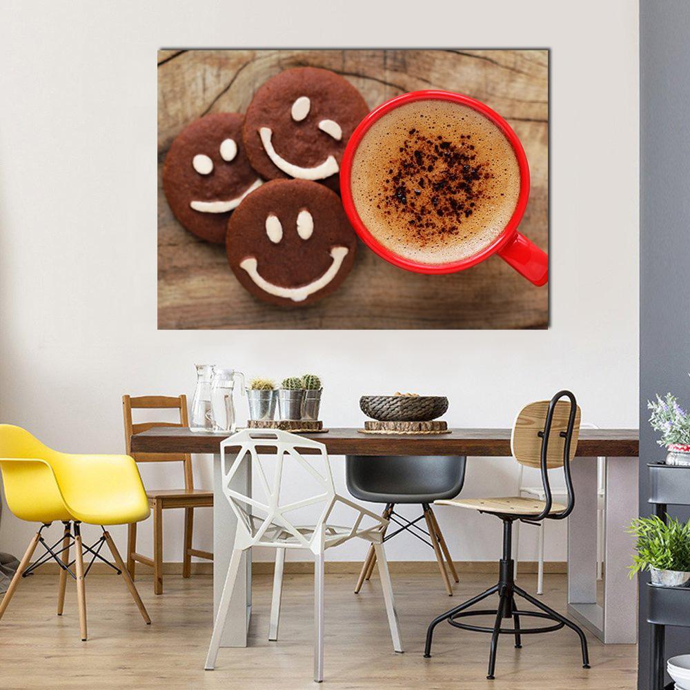 Coffee Cup and Cookies Canvas Wall Art in beige, brown and red, single panel hung on a wall