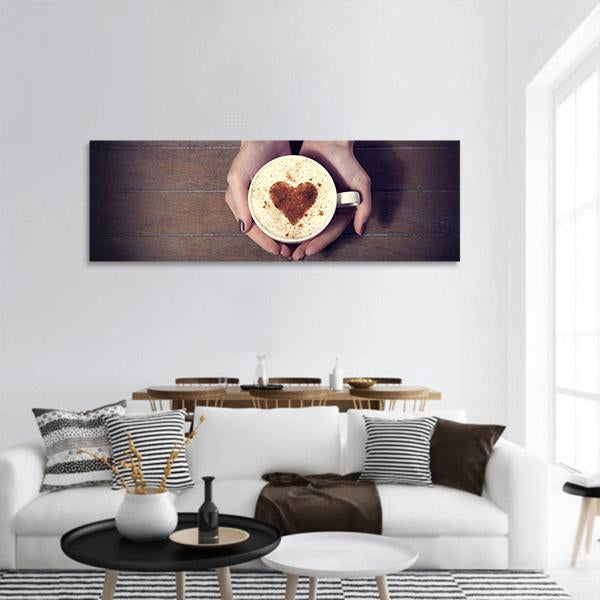 Women Holding Coffee Cup Panoramic Canvas Wall Art-1 Piece-36" x 12"-Tiaracle