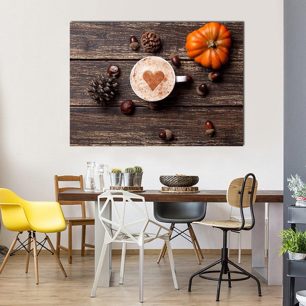 Coffee Cup with Pumpkin Canvas Wall Art in beige, brown and orange, single panel hung on a wall