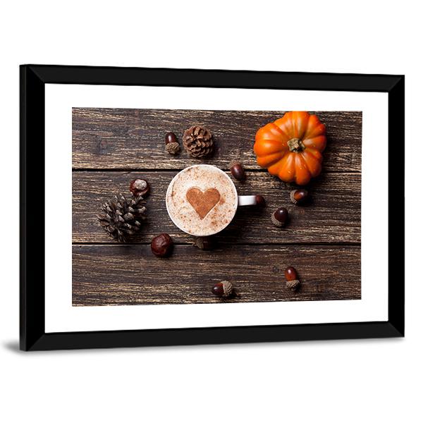 Coffee Cup With Pumpkin Panoramic Canvas Wall Art-1 Piece-36" x 12"-Tiaracle