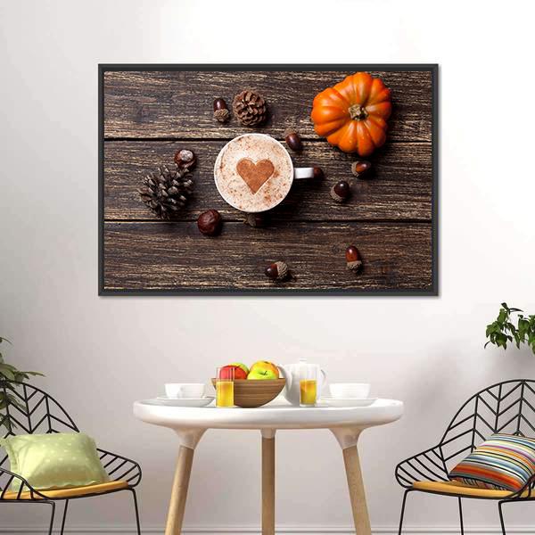Coffee Cup With Pumpkin Panoramic Canvas Wall Art-1 Piece-36" x 12"-Tiaracle