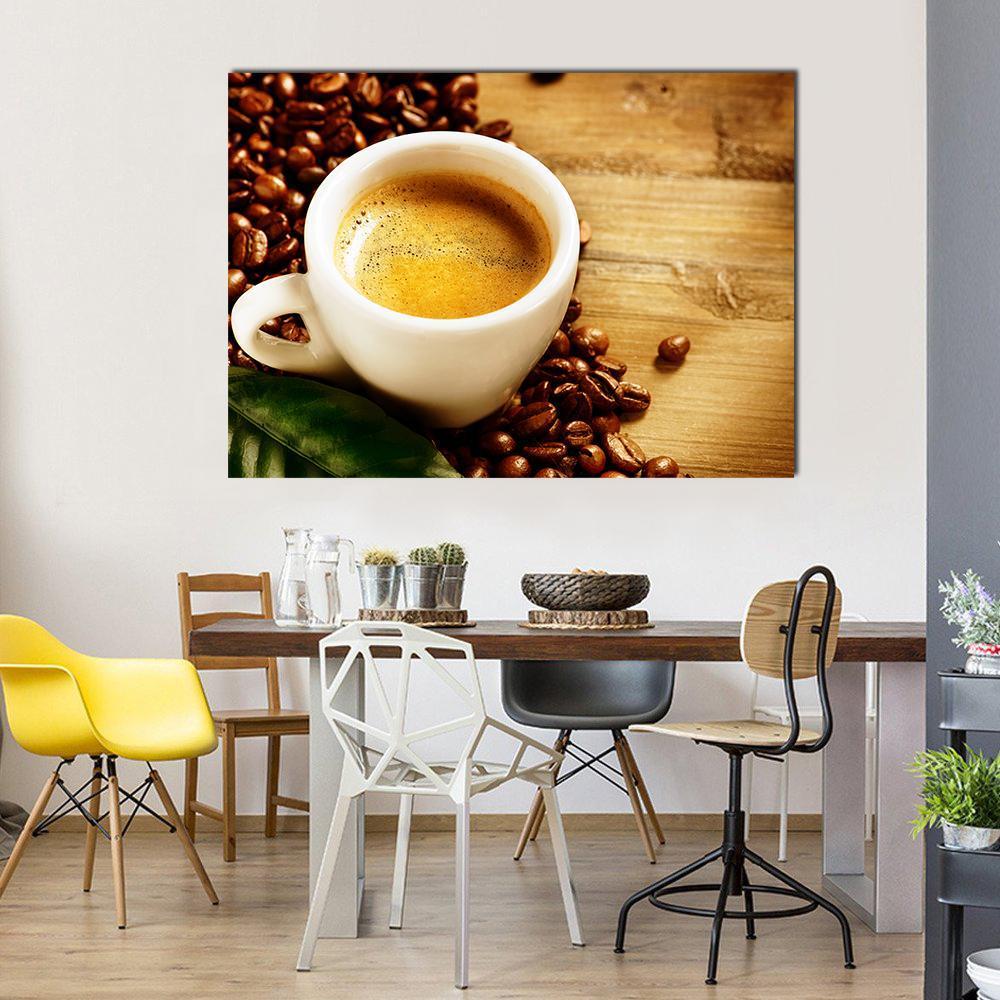 Coffee Espresso Canvas Wall Art in white, beige and brown, single panel hung on a wall