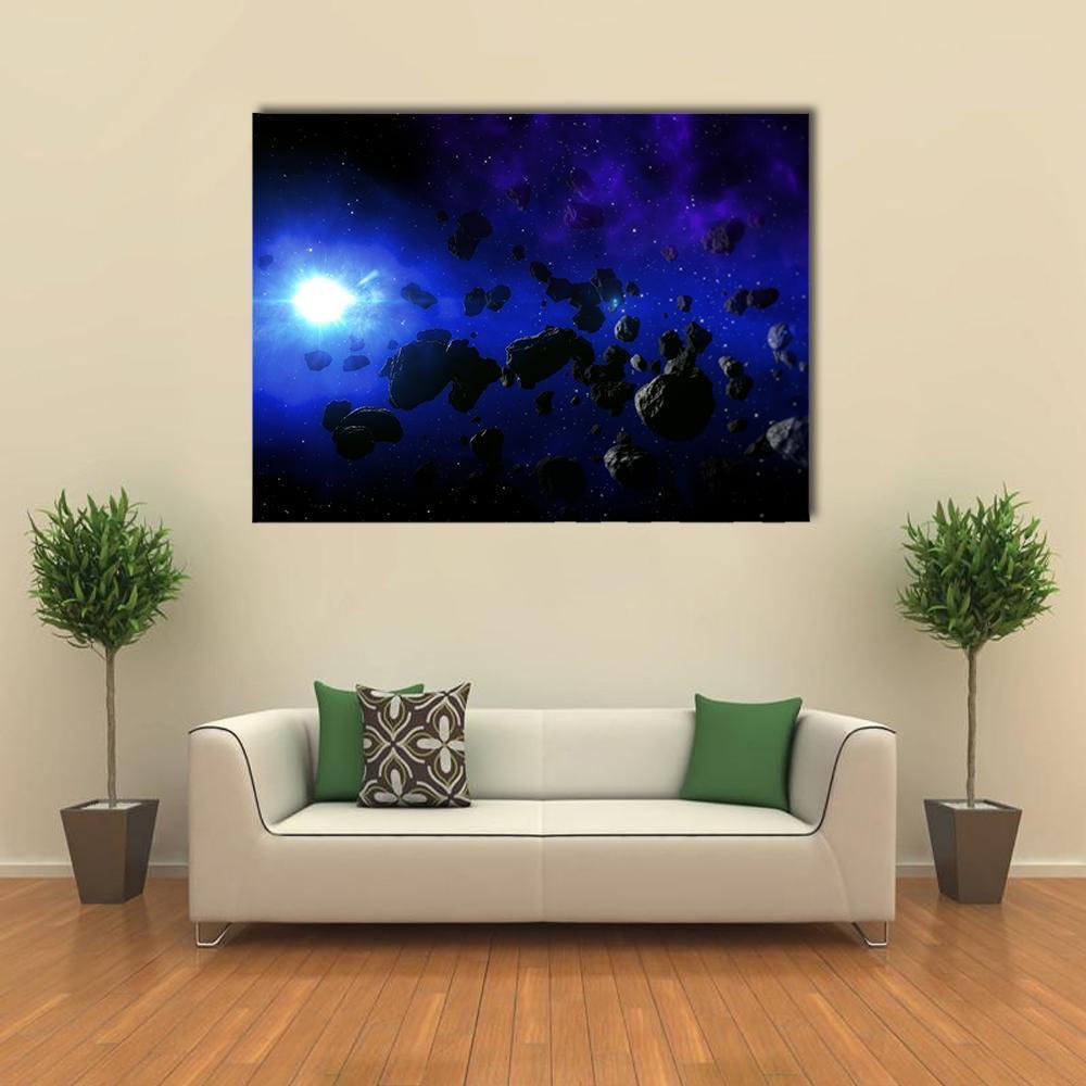 Flying Asteroids in Cosmic Nebula Canvas Wall Art in black, blue and purple, single panel hung on a wall