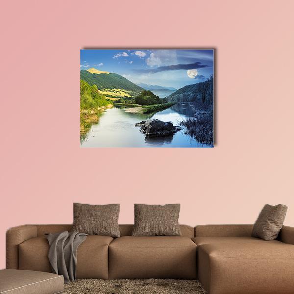Mountain River Day-to-night Collage Canvas Wall Art in yellow, green and blue, single panel hung on a wall