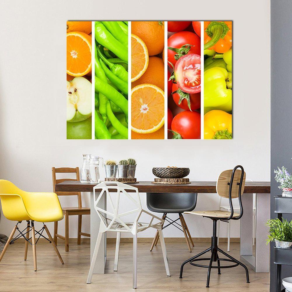 Collage of Fruits and Vegetables Canvas Wall Art in red, orange and green, single panel hung on a wall