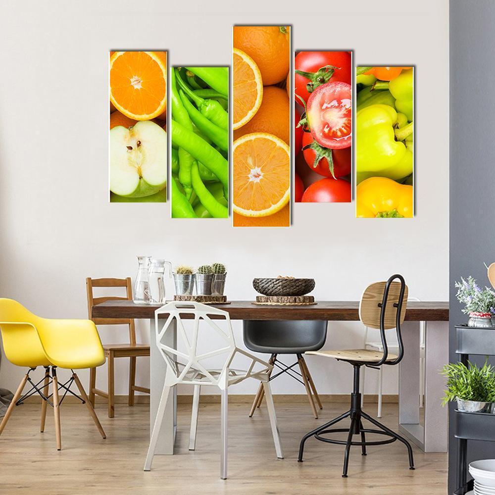 Collage Of Fruits &amp; Vegetables Canvas Wall Art-5 Pop-Gallery Wrap-47&quot; x 32&quot;-Tiaracle