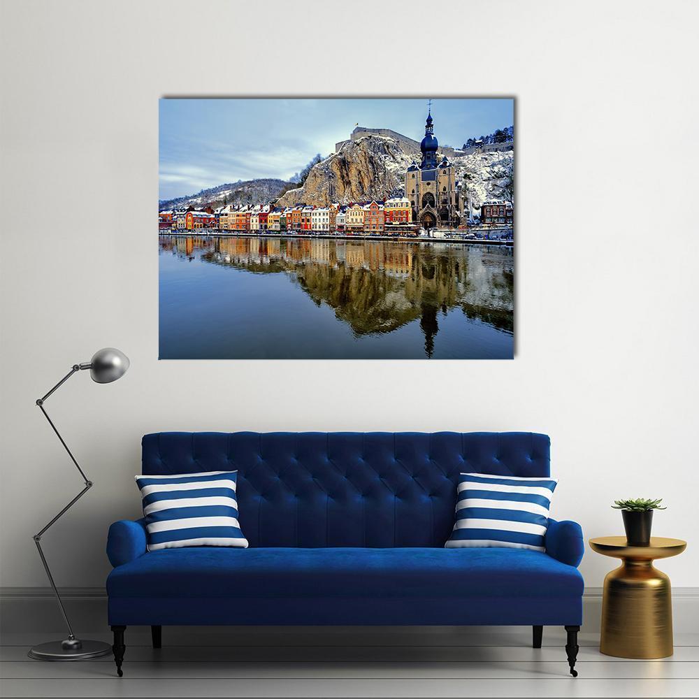 Collegiate Church by the River in Winter Canvas Wall Art in white, gray and blue, single panel hung on a wall