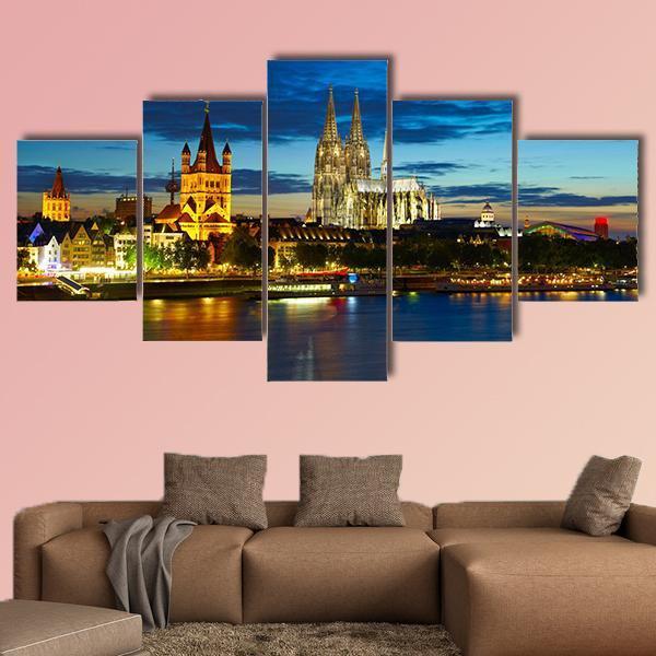 Cologne Center In The Evening Canvas Wall Art-5 Star-Gallery Wrap-62" x 32"-Tiaracle