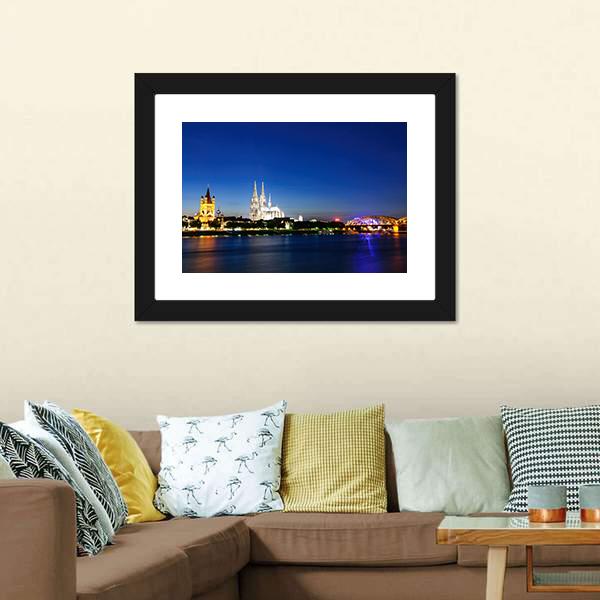 Cologne City At Night Canvas Wall Art-1 Piece-Framed Print-30" x 20"-Tiaracle