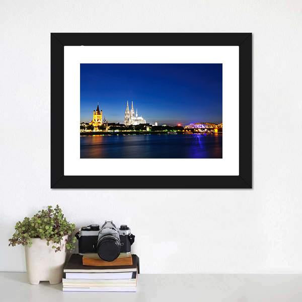 Cologne City At Night Canvas Wall Art-5 Horizontal-Gallery Wrap-22" x 12"-Tiaracle