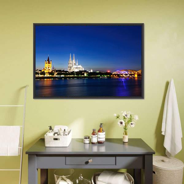 Cologne City At Night Canvas Wall Art-3 Horizontal-Gallery Wrap-25" x 16"-Tiaracle