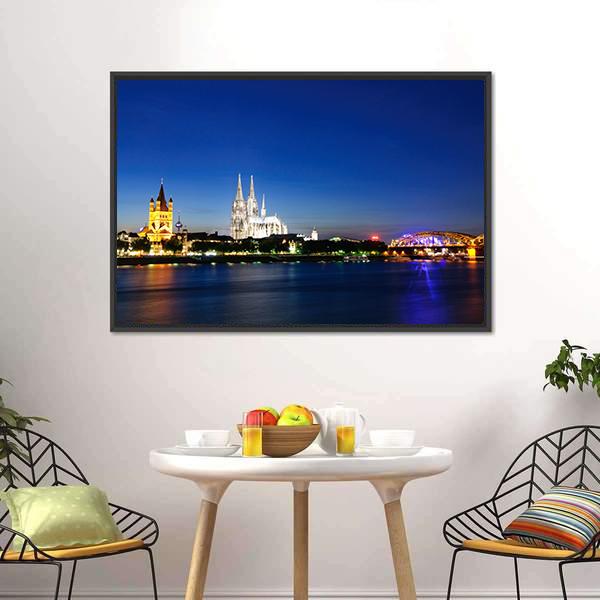 Cologne City At Night Canvas Wall Art-1 Piece-Floating Frame-24" x 16"-Tiaracle