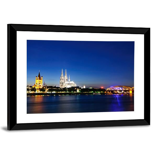 Cologne City At Night Canvas Wall Art-3 Horizontal-Gallery Wrap-25" x 16"-Tiaracle