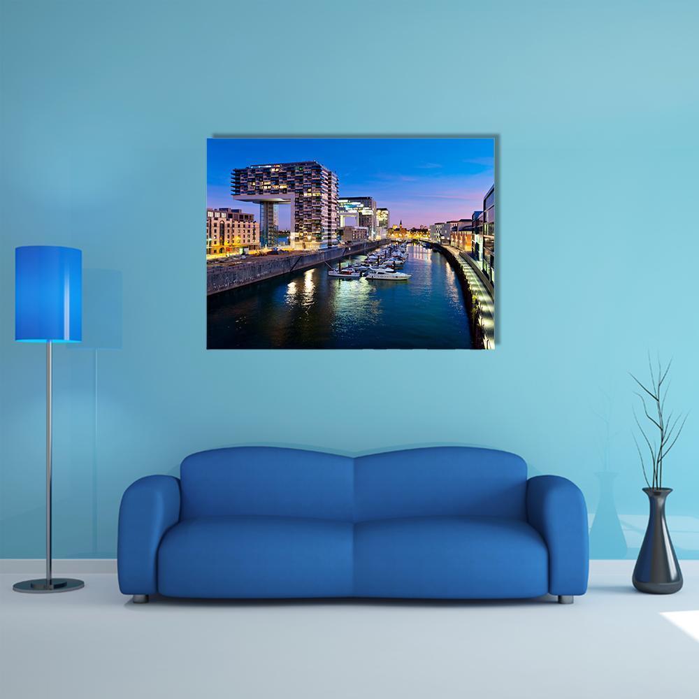 Cologne Blue Hour Cityscape Canvas Wall Art in blue and navy, single panel hung on a wall