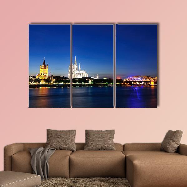Cologne City At Night Canvas Wall Art-3 Horizontal-Gallery Wrap-37" x 24"-Tiaracle