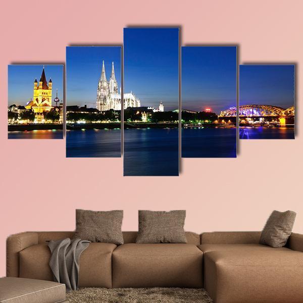 Cologne City At Night Canvas Wall Art-5 Pop-Gallery Wrap-47" x 32"-Tiaracle