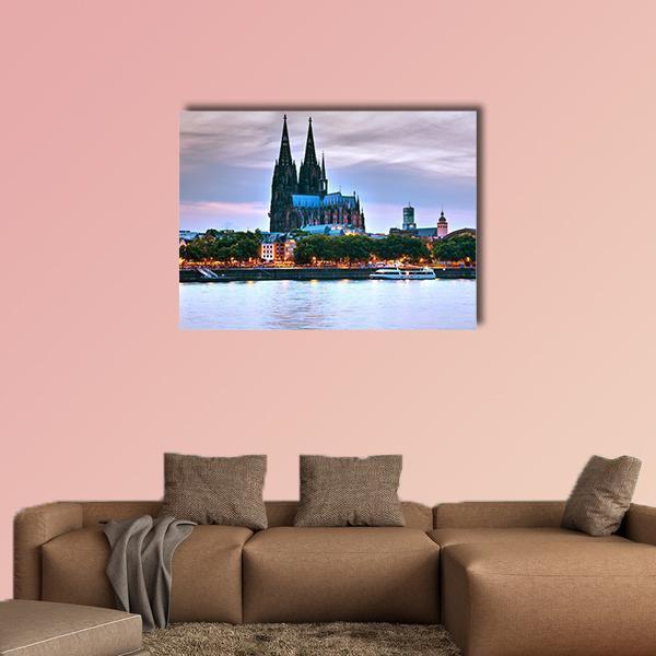 Cologne Cathedral at Dusk Canvas Wall Art in gray, blue and purple, single panel hung on a wall