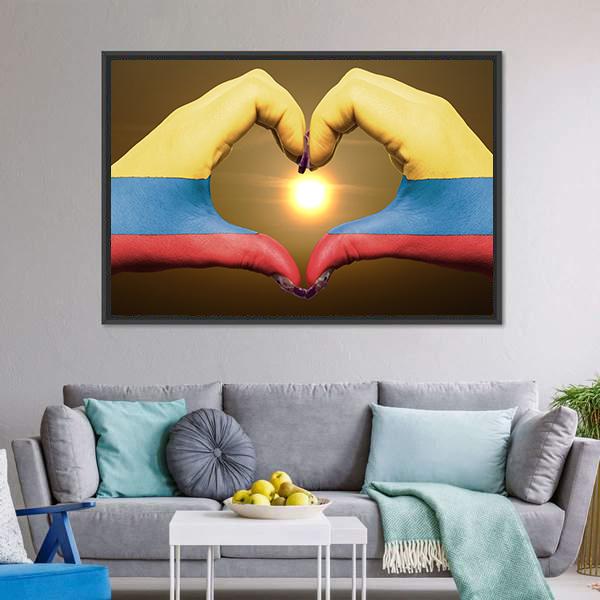 Colombia Flag On Hands Canvas Wall Art-1 Piece-Floating Frame-24" x 16"-Tiaracle