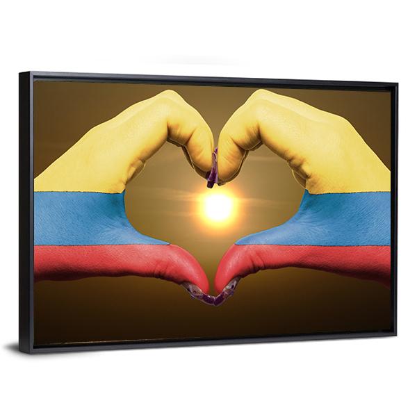 Colombia Flag On Hands Canvas Wall Art-3 Horizontal-Gallery Wrap-25" x 16"-Tiaracle