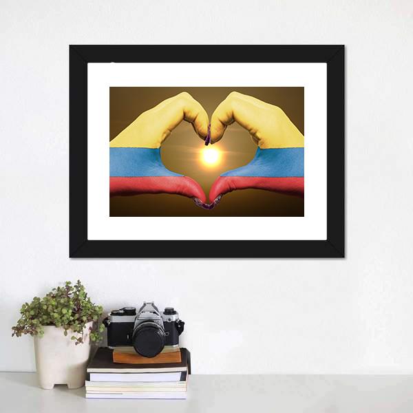 Colombia Flag On Hands Canvas Wall Art-1 Piece-Framed Print-20" x 16"-Tiaracle