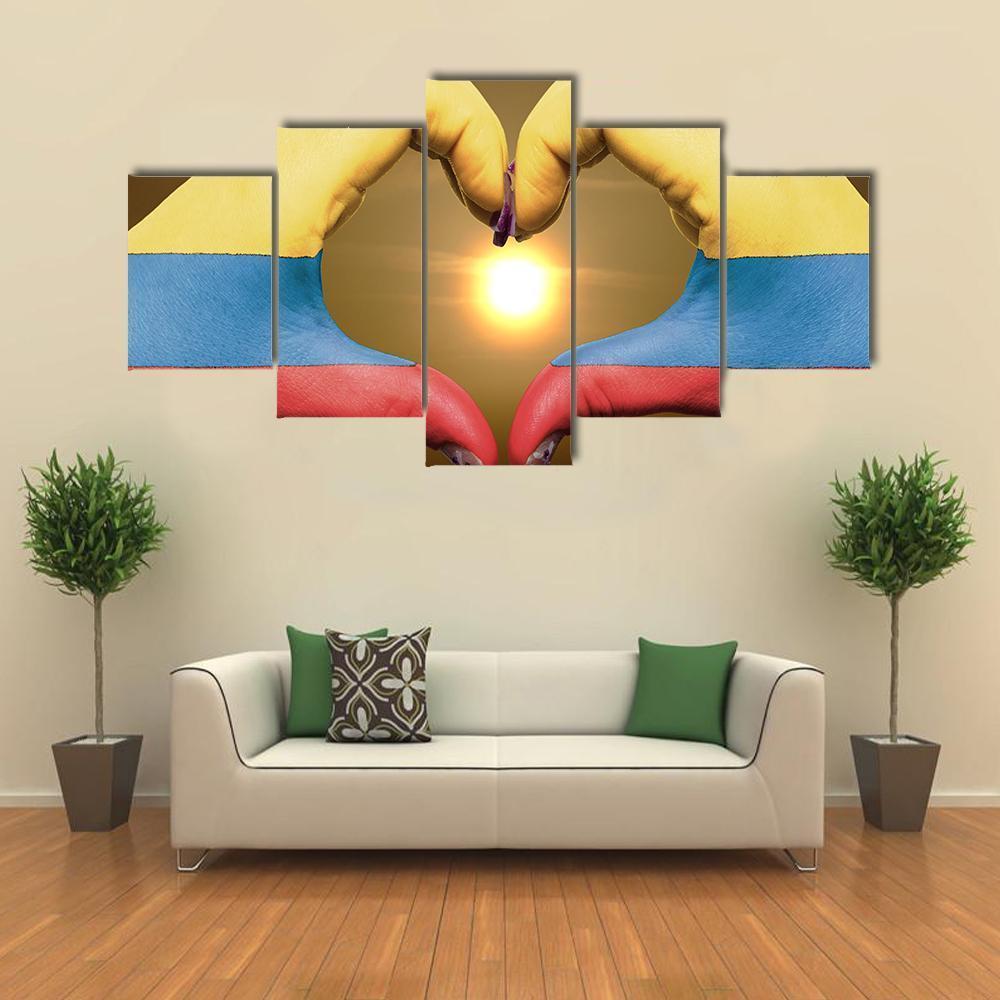 Colombia Flag On Hands Canvas Wall Art-5 Star-Gallery Wrap-62" x 32"-Tiaracle