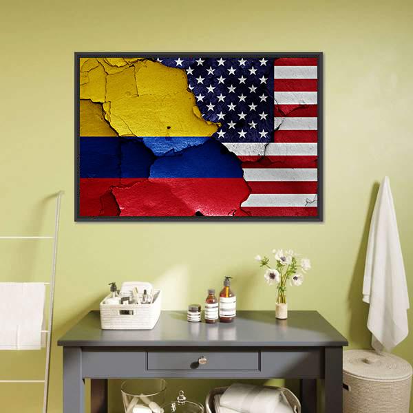 Colombia & USA Flag Canvas Wall Art-3 Horizontal-Gallery Wrap-25" x 16"-Tiaracle