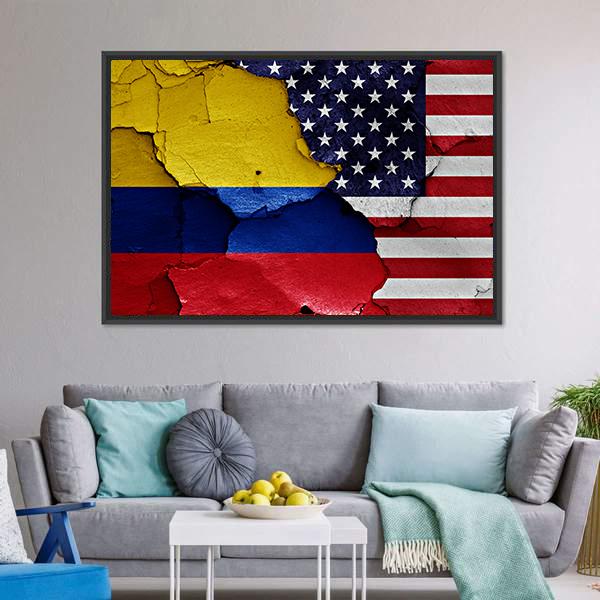 Colombia & USA Flag Canvas Wall Art-3 Horizontal-Gallery Wrap-25" x 16"-Tiaracle