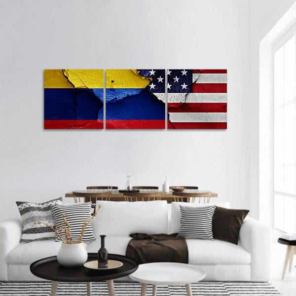 Colombia &amp; USA Flag Panoramic Canvas Wall Art-3 Piece-25" x 08"-Tiaracle
