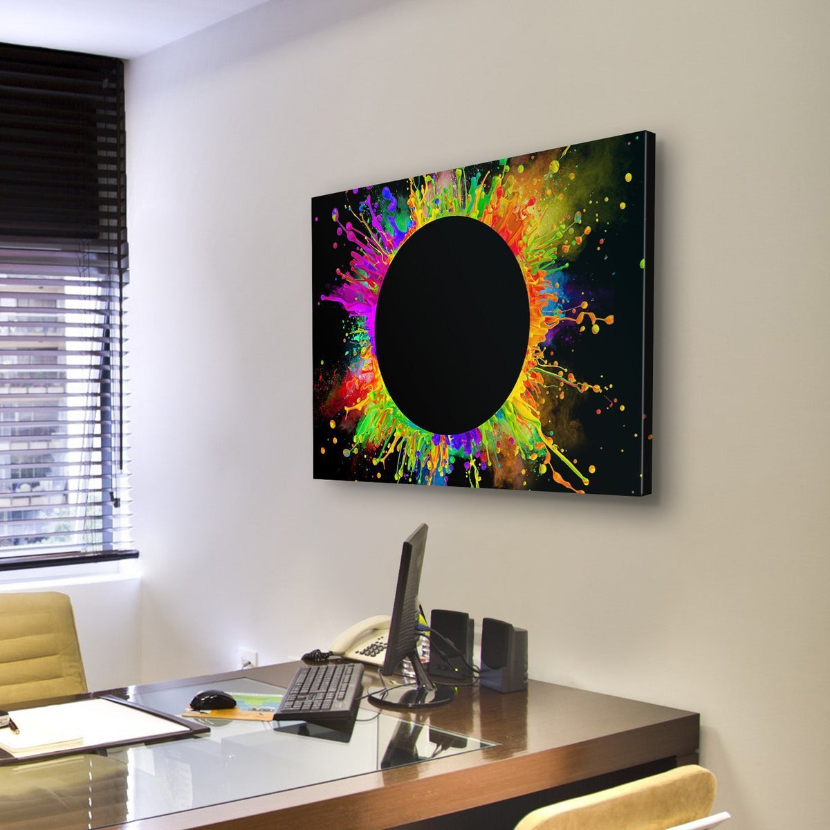 Color Splashes Canvas Wall Art in black and multicolor, hung on a wall