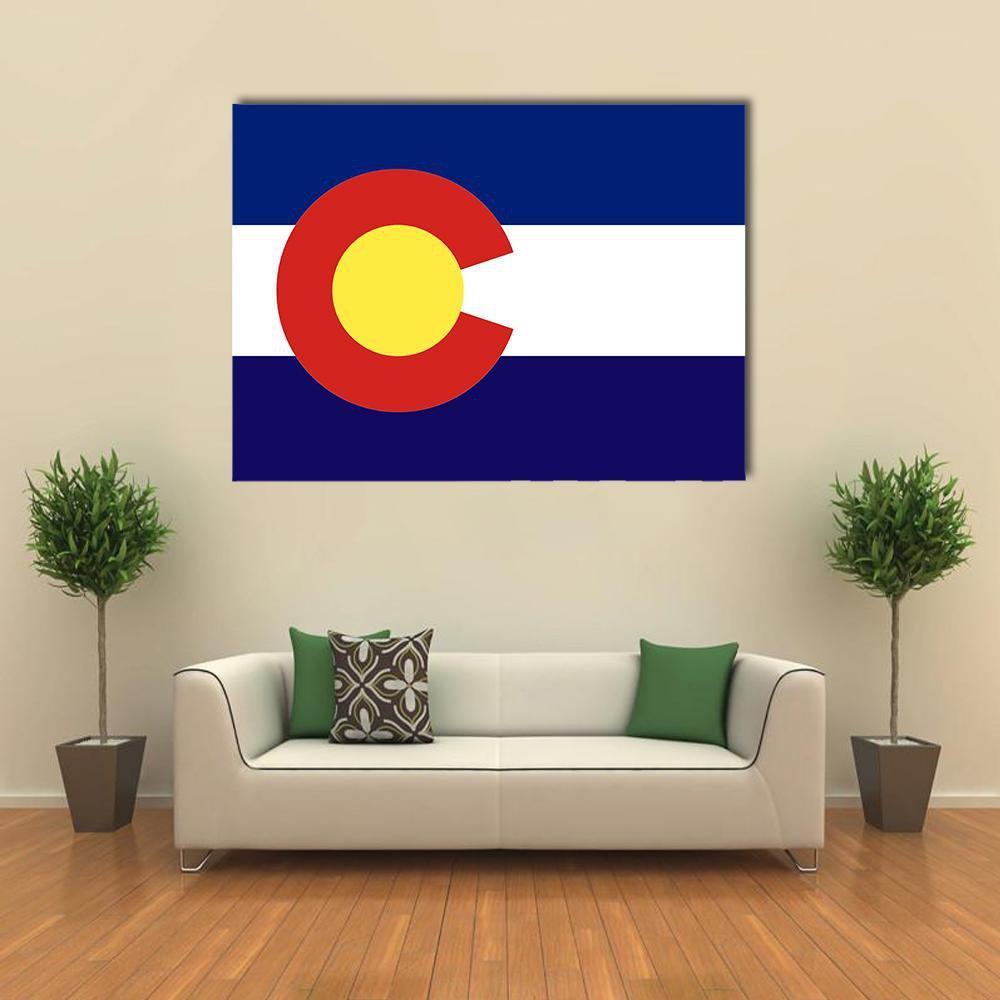 Colorado State Flag Artwork Canvas Wall Art in white, red and blue, single panel hung on a wall