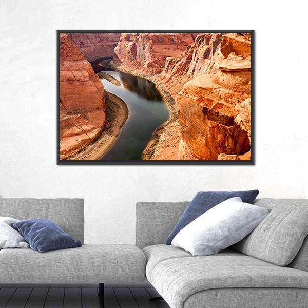 Colorado River Meanders Canvas Wall Art in black, brown and orange, framed canvas, product view on a white background