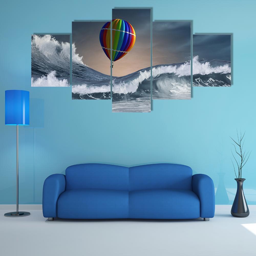 Colored Aerostat Over Sea Canvas Wall Art-5 Star-Gallery Wrap-62" x 32"-Tiaracle