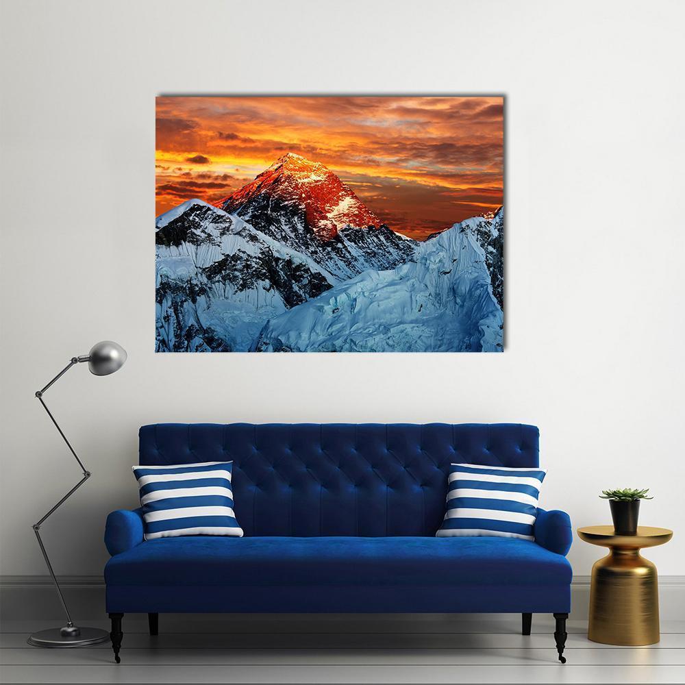 Everest Sunset with Snow-capped Peaks Canvas Wall Art in white, orange and blue, single panel hung on a wall