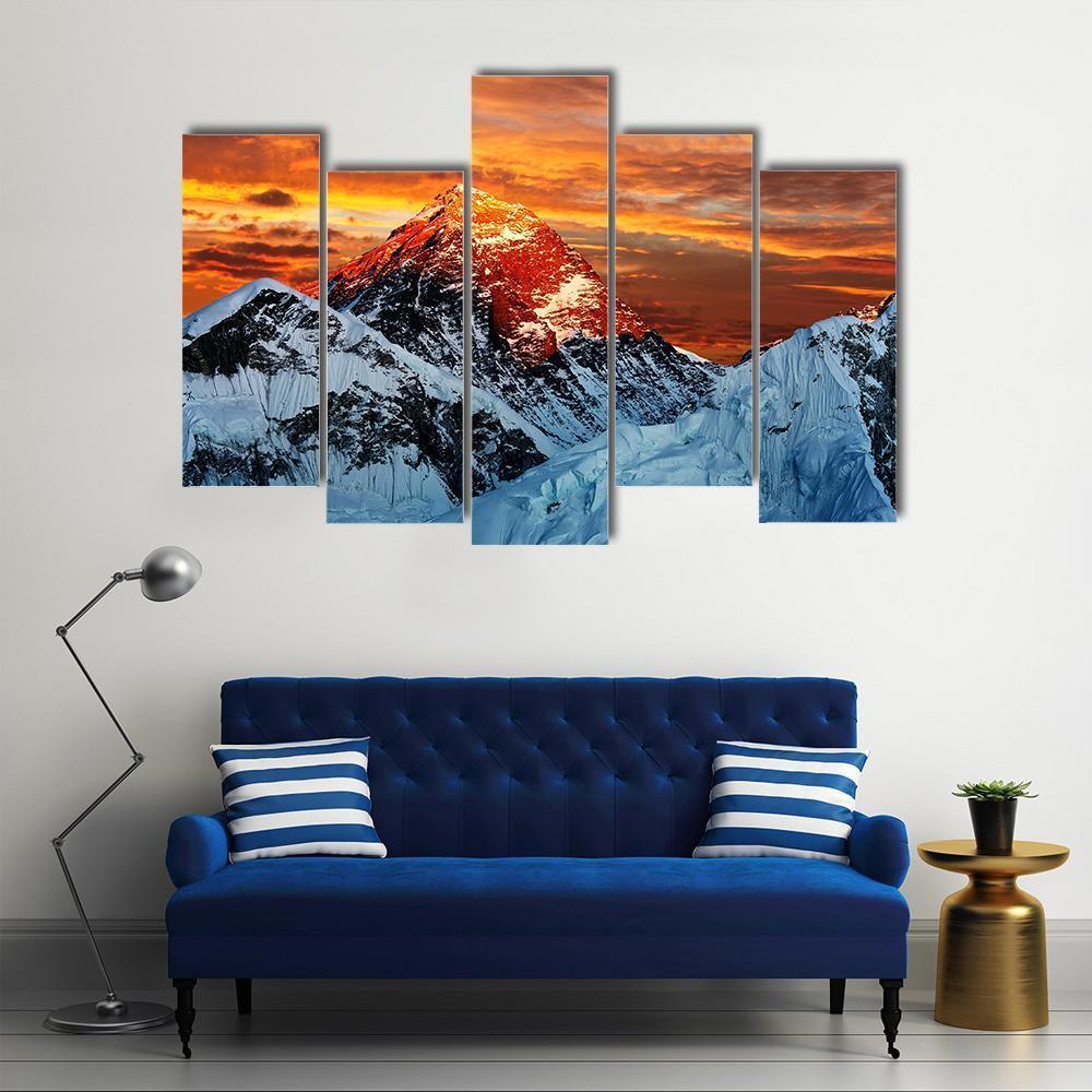 Everest Sunset with Snow-capped Peaks Canvas Wall Art in white, orange and blue, 5 panel Pop layout hung on a wall