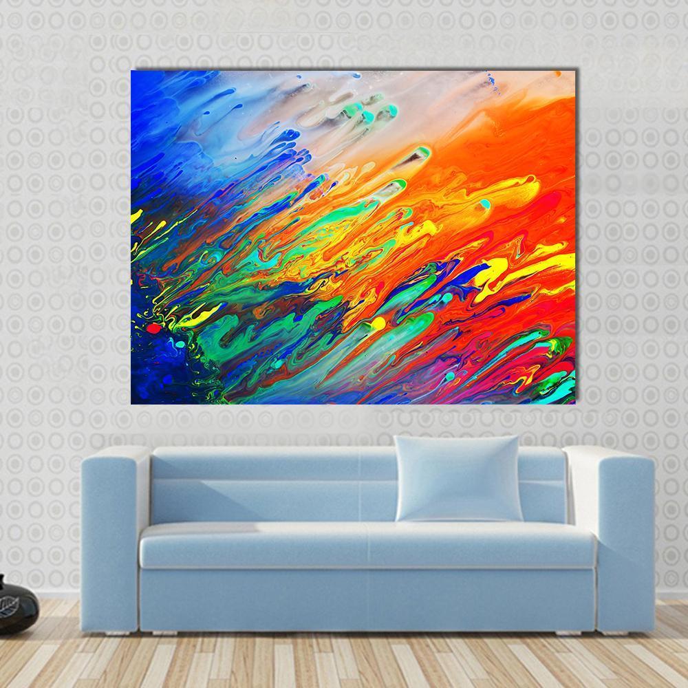 Colorful Abstract Acrylic Canvas Wall Art in orange, blue and multicolor, single panel hung on a wall