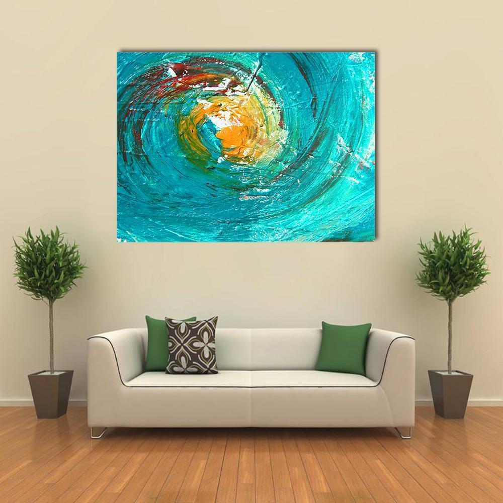 Teal and Orange Swirling Abstract Painting Canvas Wall Art in orange and blue, single panel hung on a wall
