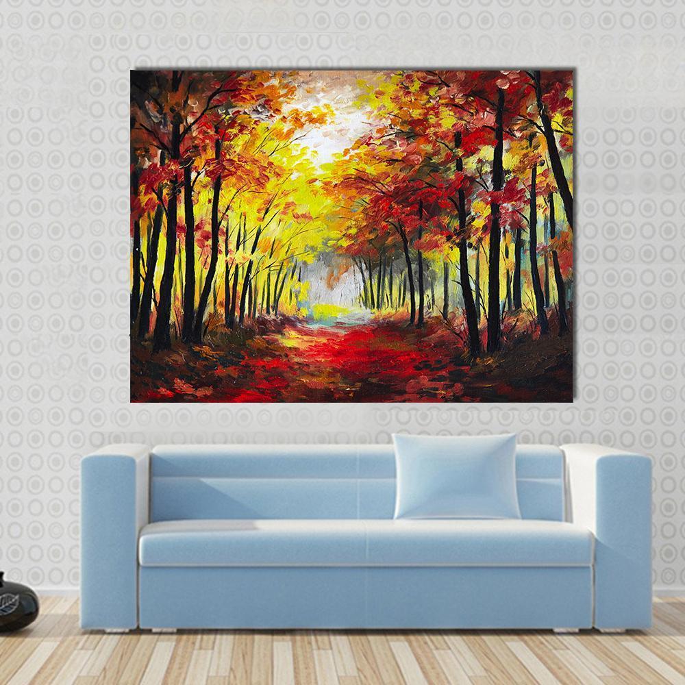 Colorful Autumn Forest Pathway Canvas Wall Art in red, orange and yellow, single panel hung on a wall