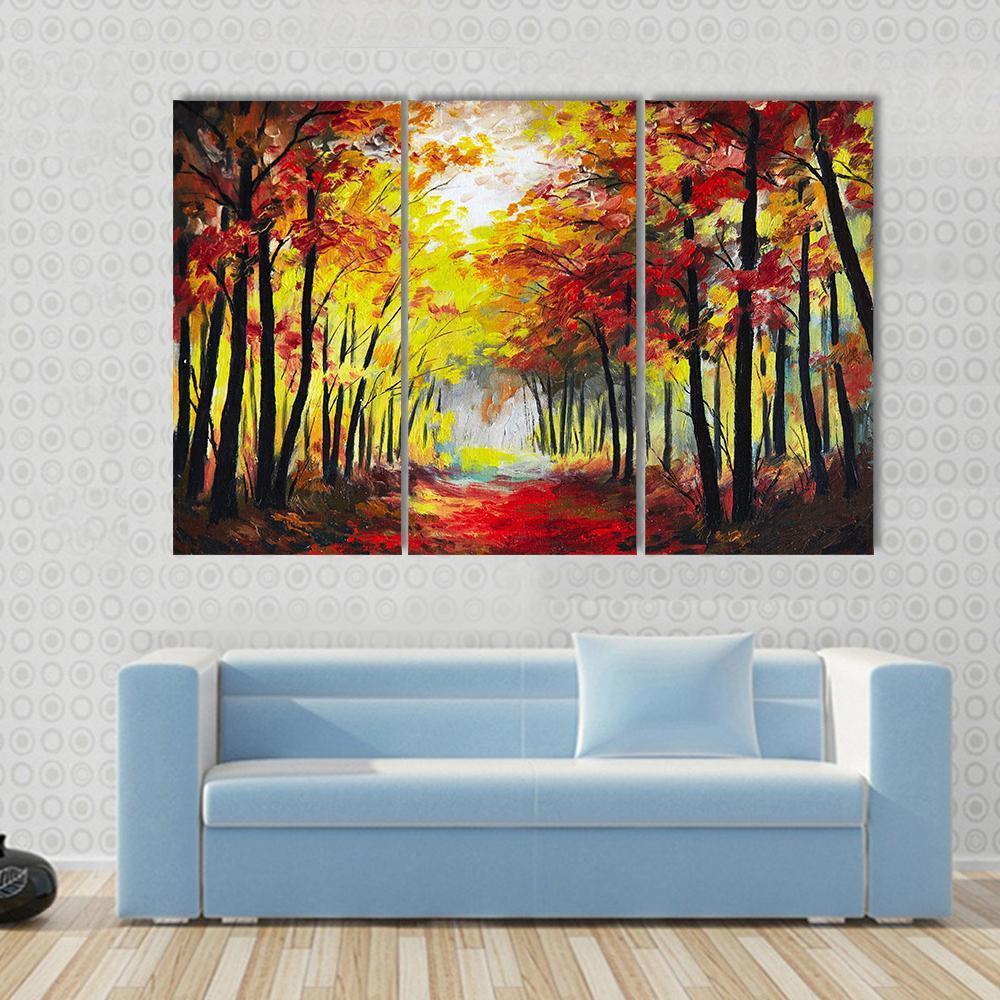 Colorful Autumn Forest Pathway Canvas Wall Art-3 Horizontal-Gallery Wrap-37&quot; x 24&quot;-Tiaracle