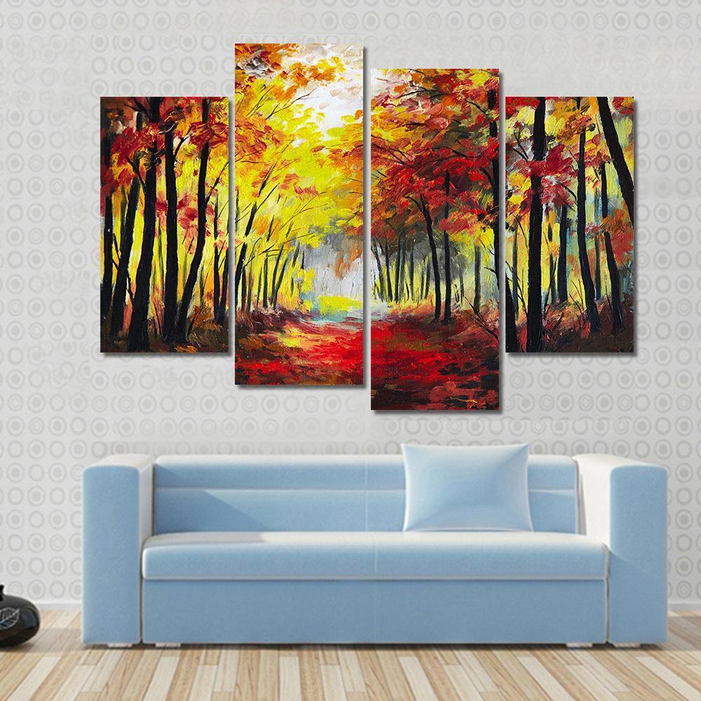 Colorful Autumn Forest Pathway Canvas Wall Art-4 Pop-Gallery Wrap-50&quot; x 32&quot;-Tiaracle