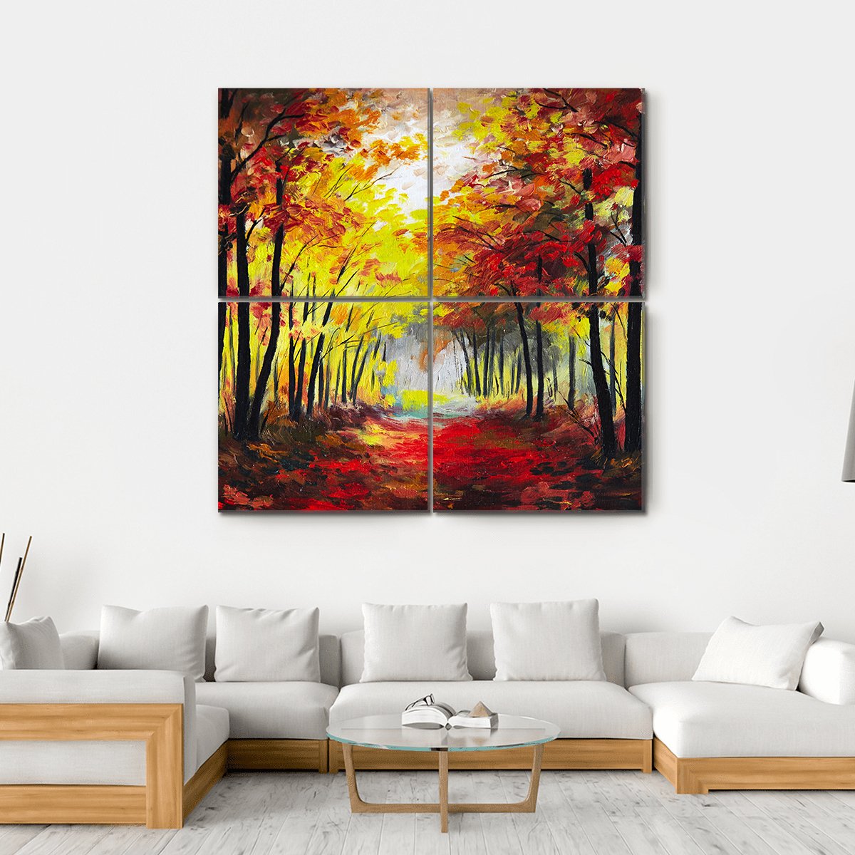 Colorful Autumn Forest Pathway Canvas Wall Art-4 Square-Gallery Wrap-17" x 17"-Tiaracle