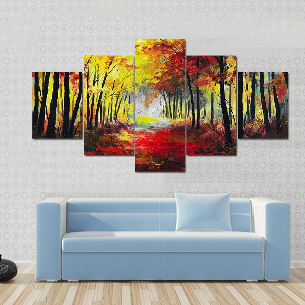 Colorful Autumn Forest Pathway Canvas Wall Art-5 Star-Gallery Wrap-62&quot; x 32&quot;-Tiaracle