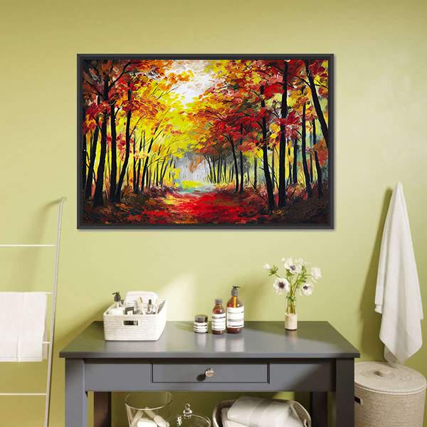 Colorful Autumn Forest Pathway Canvas Wall Art-3 Horizontal-Gallery Wrap-25&quot; x 16&quot;-Tiaracle