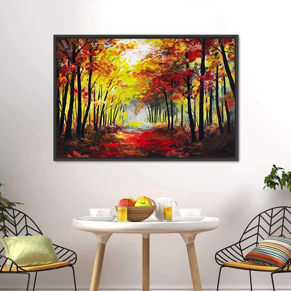 Colorful Autumn Forest Pathway Canvas Wall Art-1 Piece-Floating Frame-24&quot; x 16&quot;-Tiaracle