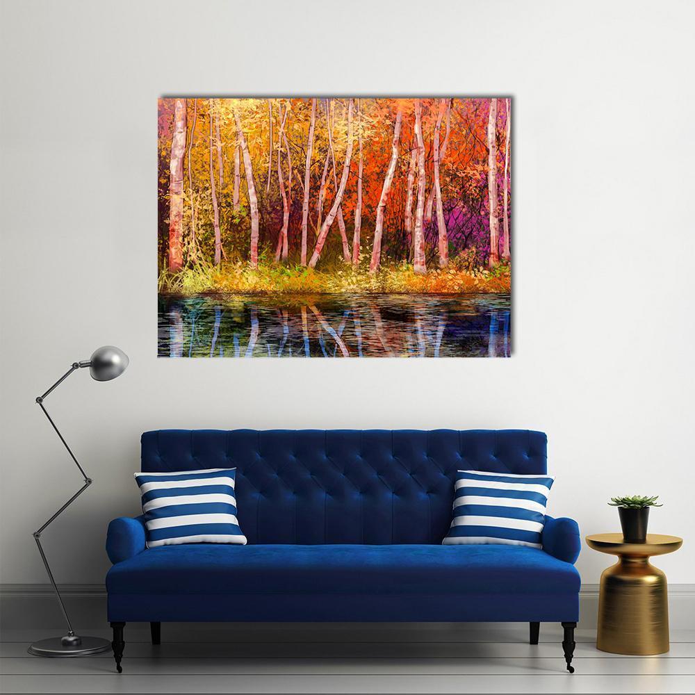 Colorful Autumn Trees Canvas Wall Art in orange, yellow and pink, single panel hung on a wall